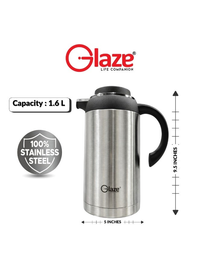 جليز ترمس من الفولاذ المقاوم للصدأ سعة 1.6 لتر، غطاء بزر ضغط، مقبض قوي وقاعدة مانعة للانزلاق، يحافظ على المشروبات ساخنة وباردة، فضي اللون - Image 3